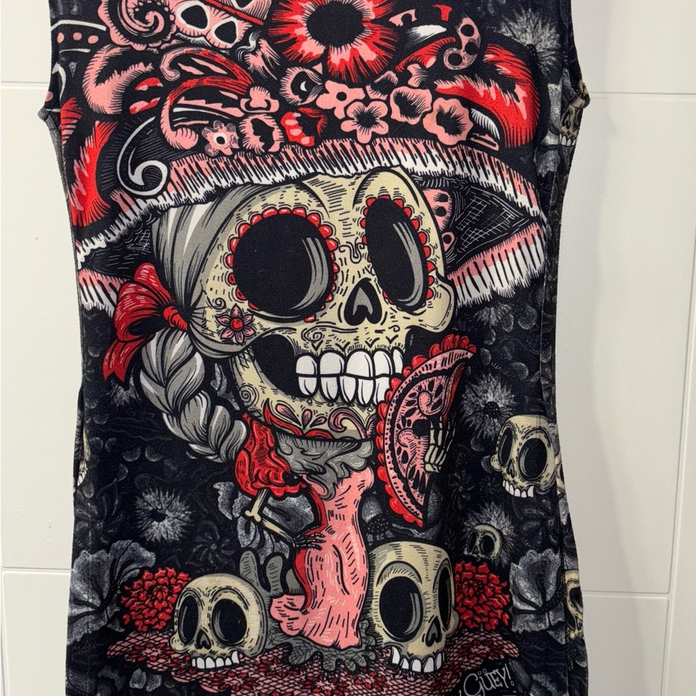 Edgy Skull Graphic Mini Dress - Black and Red